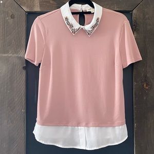 Pink and White Rhinestone Collar Blouse